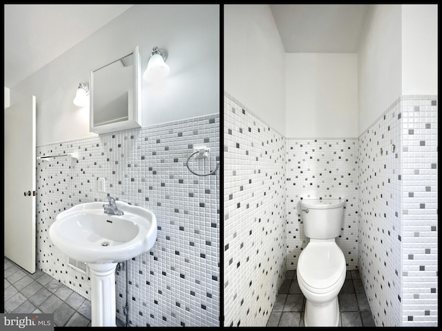 bathroom with tile walls, toilet, and tile patterned floors