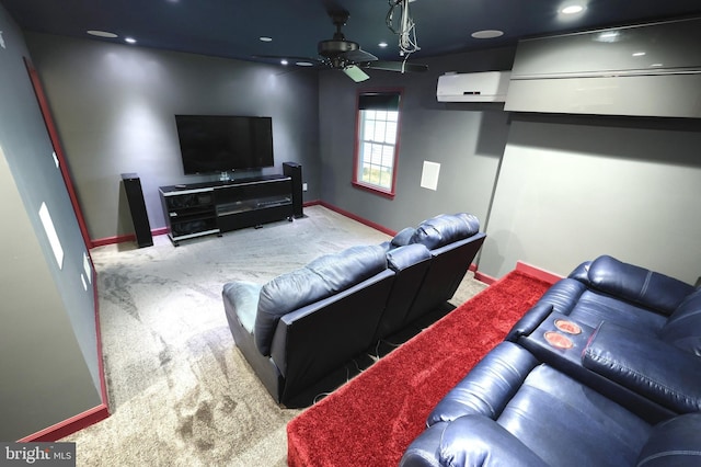 living room with an AC wall unit, carpet, and ceiling fan