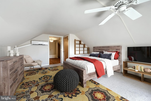 bedroom featuring ceiling fan, a wall mounted air conditioner, vaulted ceiling, and carpet