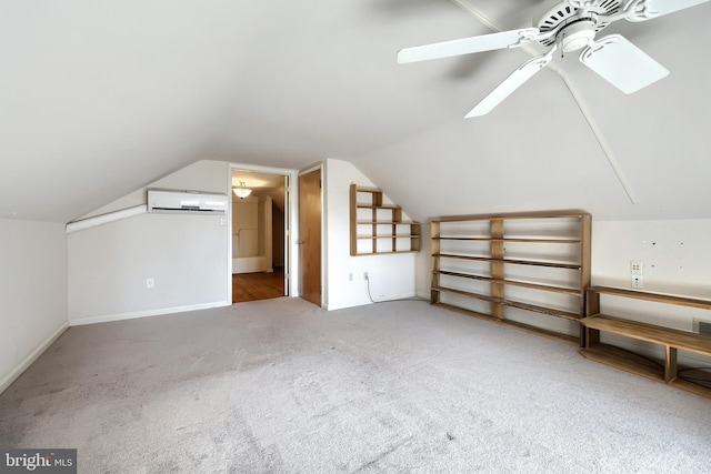 bonus room with carpet floors, ceiling fan, vaulted ceiling, and a wall mounted AC