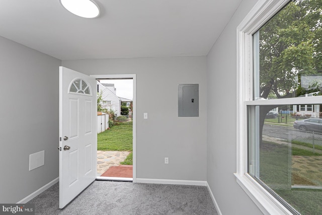 foyer entrance with electric panel and carpet flooring