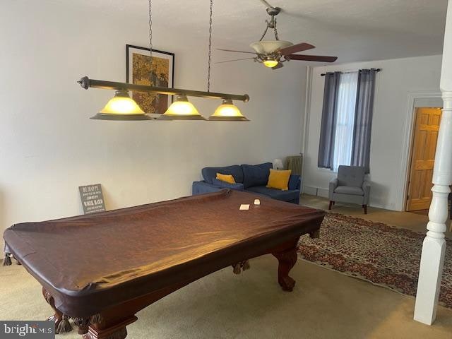 game room featuring pool table, carpet flooring, and ceiling fan