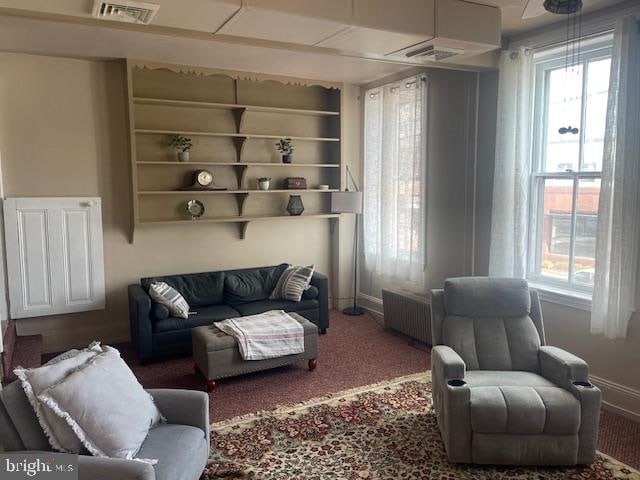 living room featuring carpet and radiator