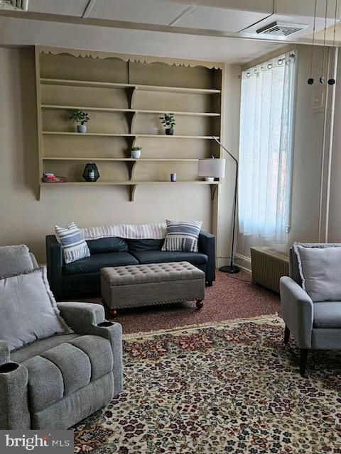 carpeted living room featuring radiator