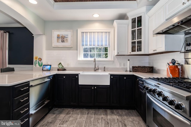 kitchen featuring white cabinets, high end stainless steel range, ornamental molding, range hood, and sink