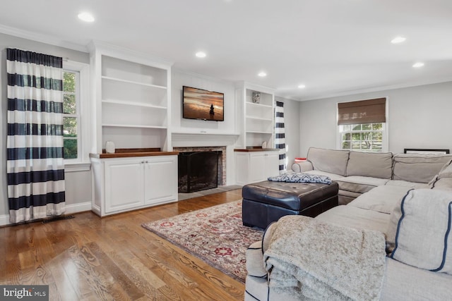 living room with crown molding and light wood-type flooring