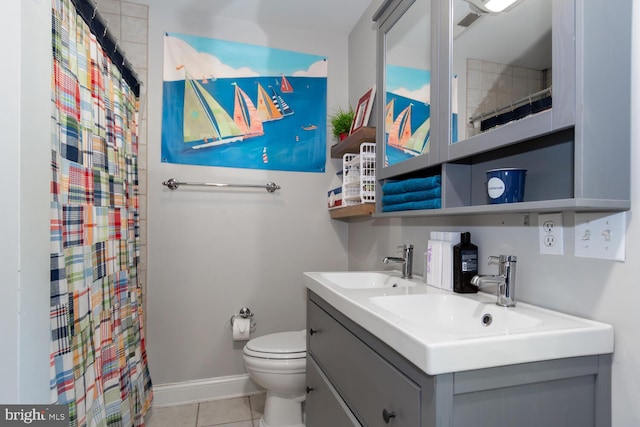 bathroom with vanity, a shower with shower curtain, toilet, and tile patterned floors