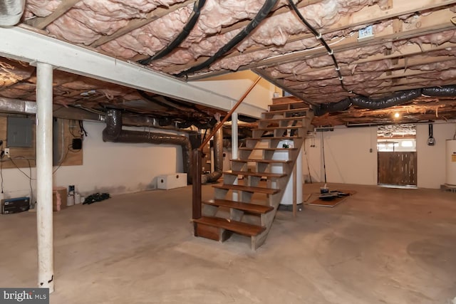 basement with water heater and electric panel