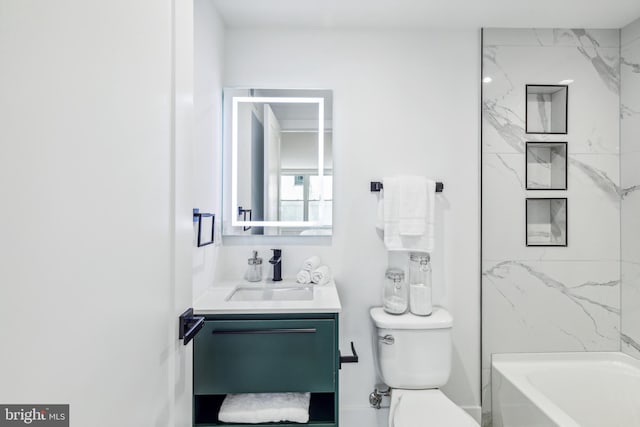 full bathroom featuring independent shower and bath, vanity, and toilet