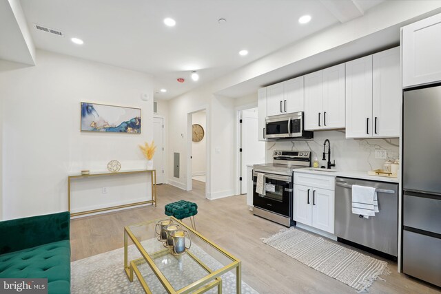 kitchen with sink, tasteful backsplash, white cabinetry, stainless steel appliances, and light wood-type flooring