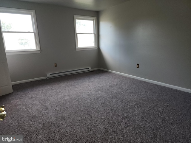 unfurnished room featuring a baseboard radiator and carpet flooring