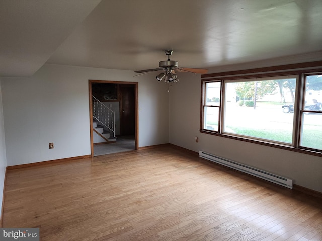 unfurnished living room with vaulted ceiling, light hardwood / wood-style floors, baseboard heating, and ceiling fan