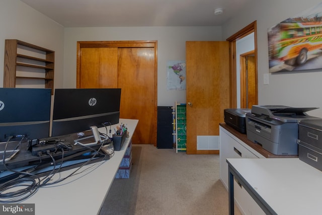 home office featuring light colored carpet