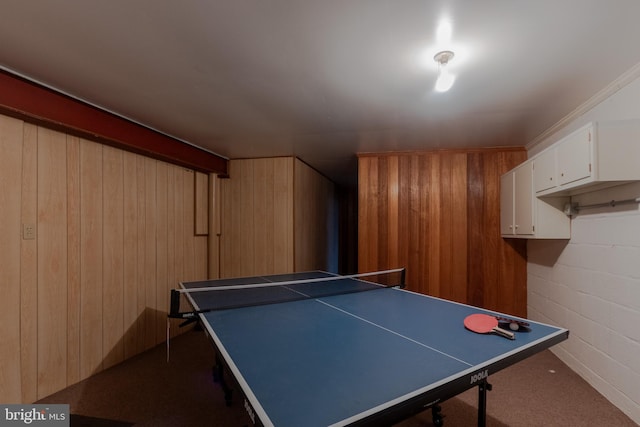 recreation room with carpet flooring and wooden walls