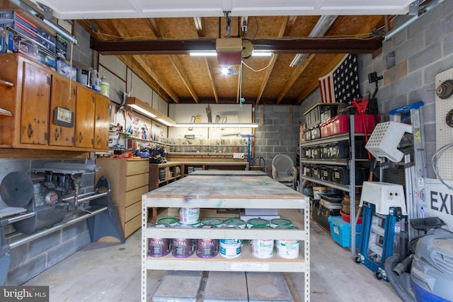 garage featuring a garage door opener and a workshop area