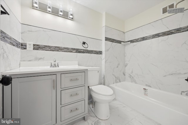 full bath with vanity, visible vents, toilet, marble finish floor, and tile walls