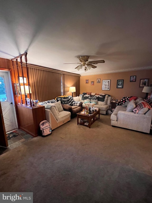 unfurnished living room featuring carpet, ceiling fan, and crown molding