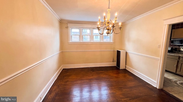 unfurnished dining area featuring ornamental molding, a notable chandelier, and dark hardwood / wood-style flooring