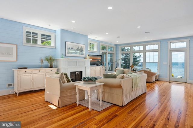 living room featuring a wealth of natural light and light hardwood / wood-style floors