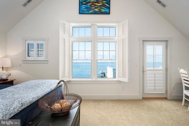 carpeted bedroom with vaulted ceiling