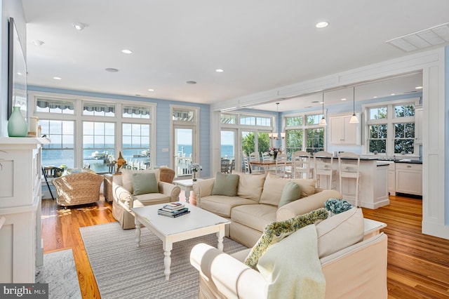 living room with light wood-type flooring and a water view