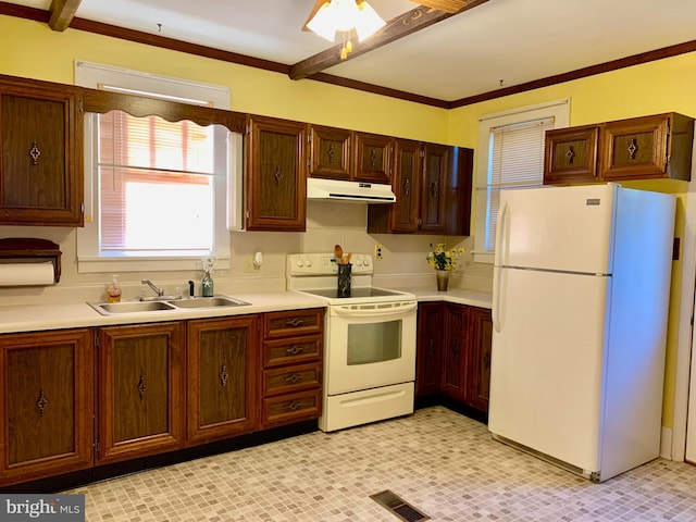 kitchen featuring ceiling fan, crown molding, sink, and white appliances