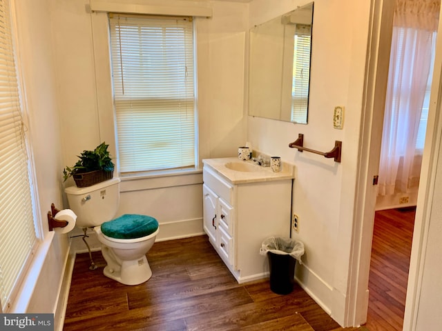 bathroom with vanity, hardwood / wood-style floors, and toilet