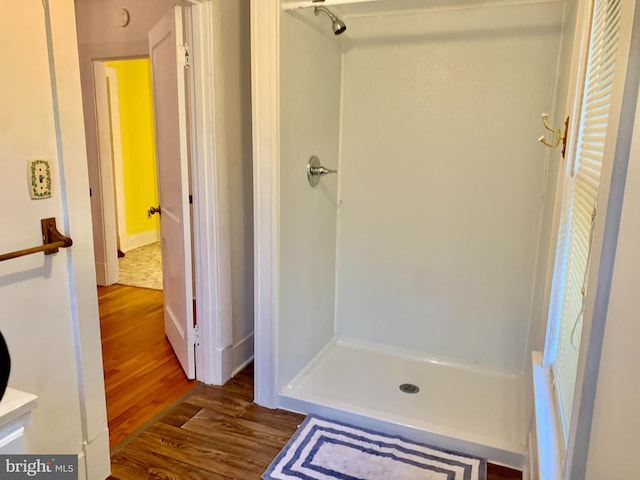 bathroom with a shower and wood-type flooring