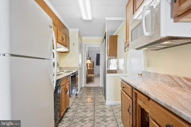 kitchen featuring crown molding and white appliances