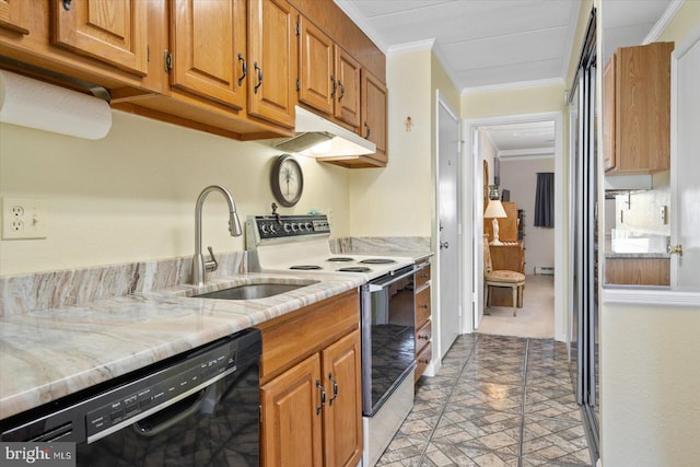 kitchen with black dishwasher, ornamental molding, white range with electric stovetop, light stone countertops, and sink