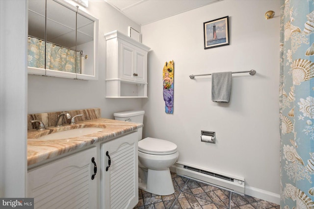 bathroom with toilet, curtained shower, baseboard heating, and vanity