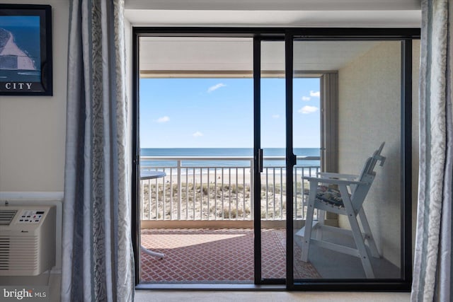 doorway to outside featuring a water view, a view of the beach, and a healthy amount of sunlight