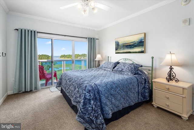 bedroom with a water view, access to exterior, ceiling fan, ornamental molding, and light carpet