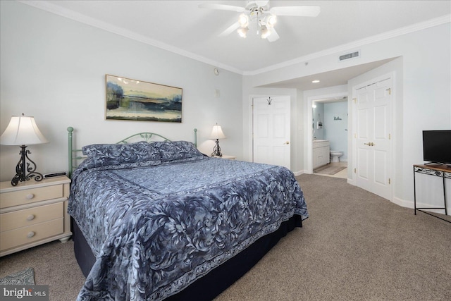 bedroom featuring carpet, ceiling fan, and ensuite bathroom