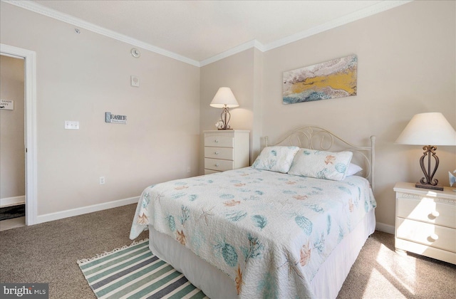 carpeted bedroom featuring ornamental molding