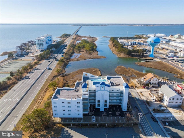 drone / aerial view with a water view