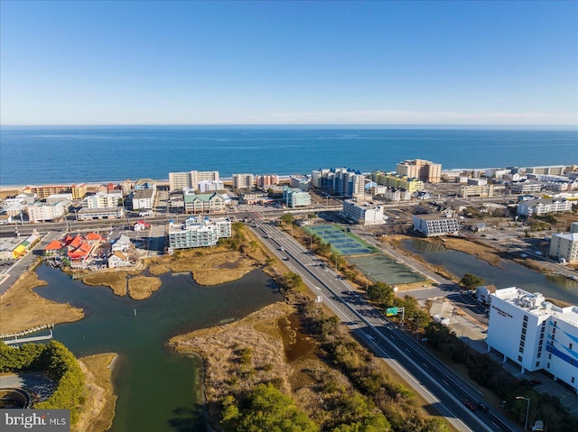 drone / aerial view featuring a water view