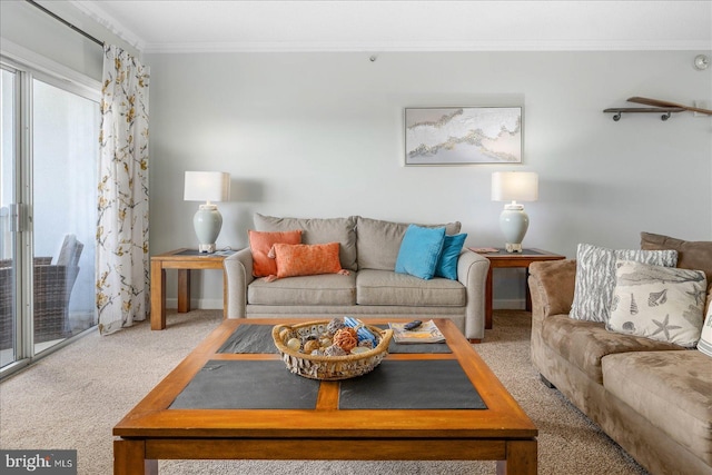 carpeted living room with crown molding