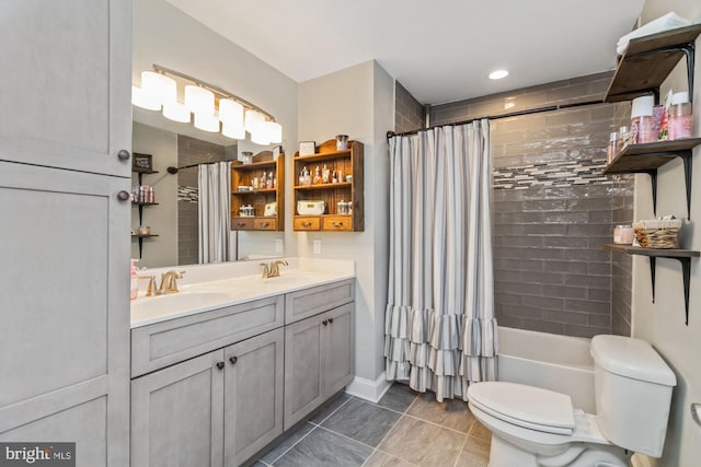 full bathroom featuring vanity, toilet, shower / tub combo, and tile patterned flooring