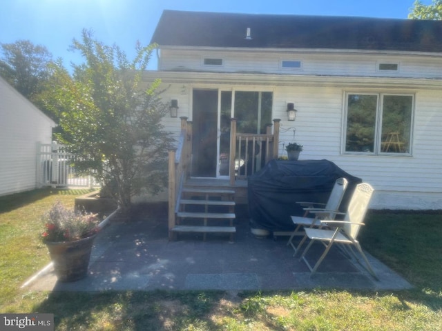 back of house featuring a patio and a lawn