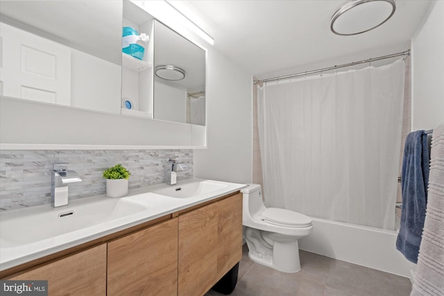 full bathroom with tile patterned floors, toilet, shower / bath combination with curtain, backsplash, and vanity