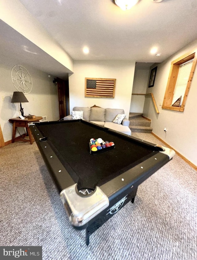 game room with a textured ceiling, billiards, and carpet