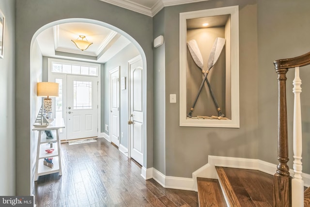 foyer featuring ornamental molding, a raised ceiling, and dark hardwood / wood-style flooring