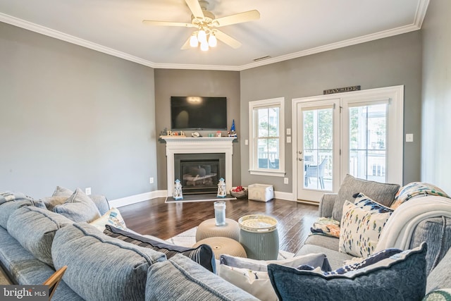 living room with wood-type flooring, ceiling fan, and crown molding