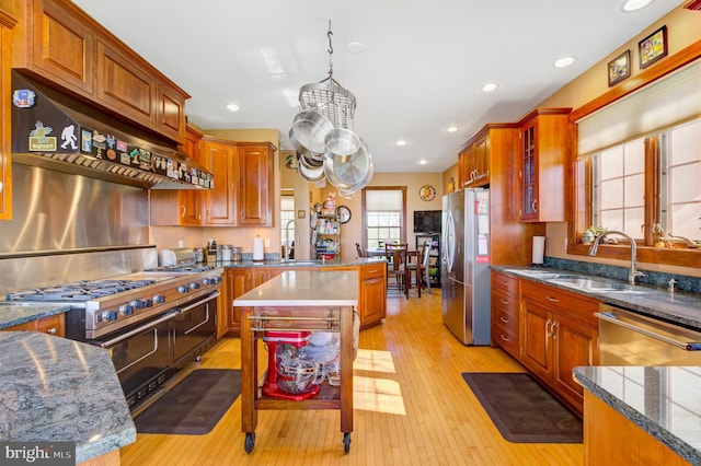 kitchen with sink, a center island, appliances with stainless steel finishes, range hood, and light wood-type flooring