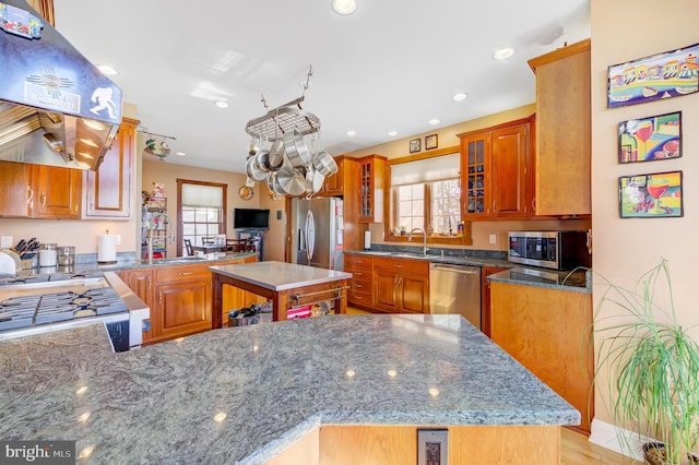 kitchen featuring light hardwood / wood-style flooring, kitchen peninsula, appliances with stainless steel finishes, and ventilation hood