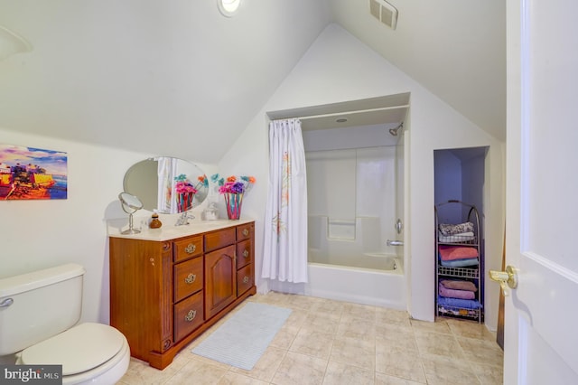 full bathroom with shower / bath combo, tile patterned flooring, lofted ceiling, vanity, and toilet