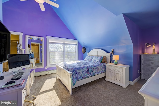 bedroom with a baseboard radiator, lofted ceiling, ceiling fan, and carpet flooring