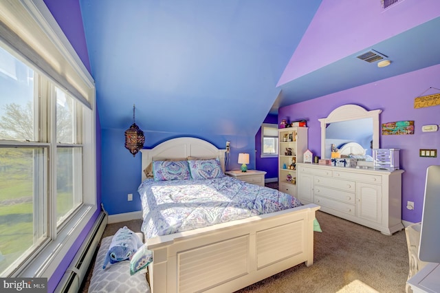 bedroom with light colored carpet, a baseboard radiator, vaulted ceiling, and multiple windows