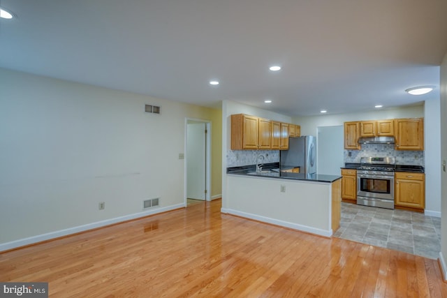 kitchen featuring backsplash, sink, light wood-type flooring, kitchen peninsula, and stainless steel appliances